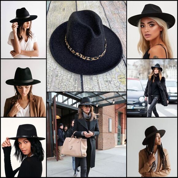 LDB Accessories - Black Felt Fedora Hat with Leopard Print Belt Trim